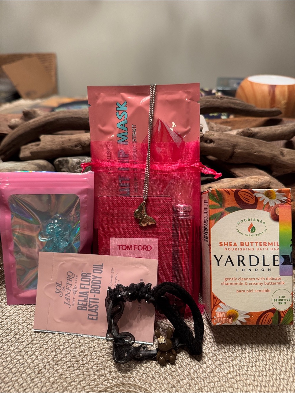 Sol de Janeiro oil hair ties/clips face mask yardly soap, necklace lippy